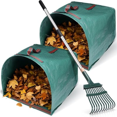 Bladhark Tuinafvalzakken - Gereedschap Set - Gazon Onderhoud - Verstelbare Tanden - 40 Gallon Zakken - Zilver Groen