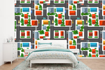 Behang - Fotobehang Patronen - Auto - Huis - Jongens - Kinderen - Kids - Breedte 320 cm x hoogte 240 cm