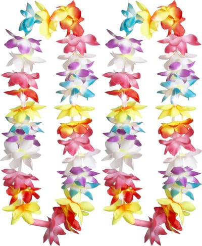 Boland Hawaii krans/slinger - 2x - Met LED lichtjes - Tropische/zomerse kleuren mix - Bloemen hals slingers - Party verkleed accessoires