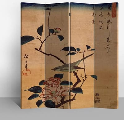 Fine Asianliving Chinees Kamerscherm Oosters Scheidingswand B160xH180cm 4 Panelen Vogel en Lotusbloemen Vintage
