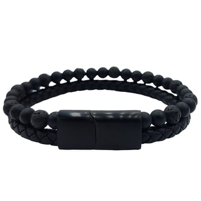 Rhylane – Heren Armband - Leder & Lavasteen – Edelstaal sluiting – Mat Zwart – 21 cm