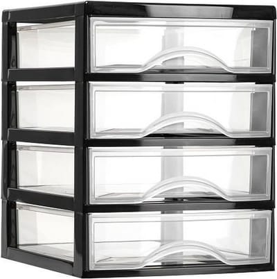 PlasticForte Ladeblok - 4 lades - zwart met transparant - bureau organizer - L18xB21xH23 cm - kunststof