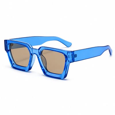 MoodLux Zonnebril Transparant Blauw - Unisex - Rechthoekig Montuur met Lichtbruine Glazen - Retro Festivalbril - UV400 Bescherming
