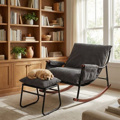 HomeMiYN Velvet Gestreepte Stof Schommelstoel – Bruin – 180 kg Capaciteit – Modern en Comfortabel Ontwerp – Perfect voor Woonkamer, Patio & Slaapkamer – Ergonomische Schommelstoel