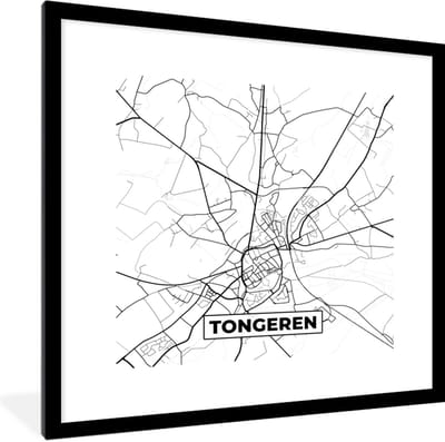 Fotolijst incl. Poster Zwart Wit- België – Tongeren – Stadskaart – Kaart – Zwart Wit – Plattegrond - 40x40 cm - Posterlijst