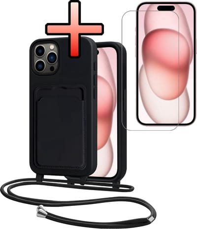 Hoes Geschikt voor iPhone 14 Pro Max Hoesje Pasjeshouder Cover Met Koord Case Siliconen Hoes Met Telefoonkoord en Kaarthouder Met Screenprotector - Zwart