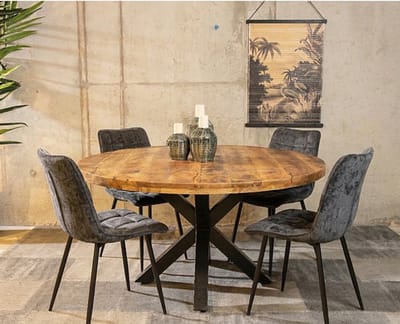 Meubelplaats Combideal Lucille: ronde eettafel Mangohout 120 cm met 4 Lucille eetkamerstoelen - Stof perfect harmony - Petrol - Eethoek - eetkamerset - eettafel met stoelen