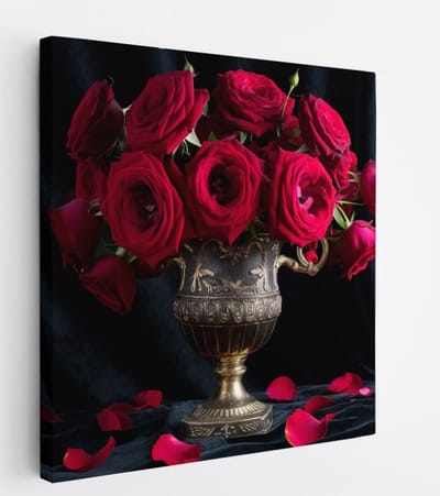 Saammp Canvas Schilderij - Rode Rozen in vaas - Natuur - Bloemen - 20x20 - Foto op canvas - Wanddecoratie - Muurdecoratie Woonkamer - Kantoor Decoratie