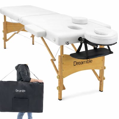 Dreamble® | Massagetafel | Wit | Hout | Extra dikke bekleding 6 cm | Extra stevig | Inklapbaar | Mobiel | 2 zones | In hoogte verstelbaar | Gezichtsuitsparing | Armsteunen in breedte instelbaar | Afwasbaar | Belastbaar tot 250 kg | Incl. draagtas