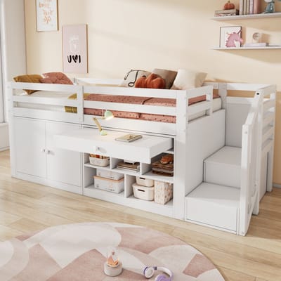 Kinderbed 90x200 cm - met opbergruimte - trap/kast verwisselbaar links/rechts - lade om te zetten tot bureau - wit - zonder matras