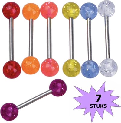 Fako Bijoux® - Tongpiercing - Uni & Glitter - 7 Stuks