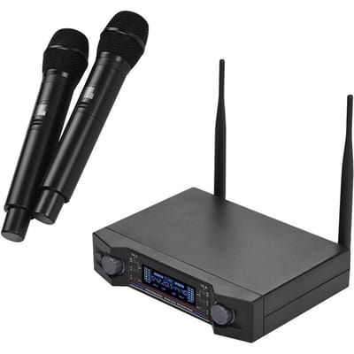 U2 UHF draadloos microfoonsysteem, 2 handmicrofoons en 1 ontvanger met LCD-scherm voor karaoke thuis US Plug zwart