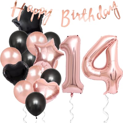 Snoes Ballonnen 14 Jaar Feestpakket – Versiering – Verjaardag Set Liva Rose Cijferballon 14 Jaar -Heliumballon