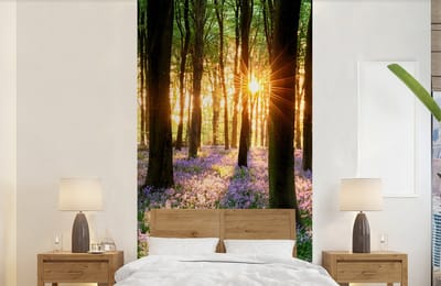 Behang - Fotobehang Bos - Bloemen - Lavendel - Zon - Paars - Natuur - Breedte 120 cm x hoogte 240 cm