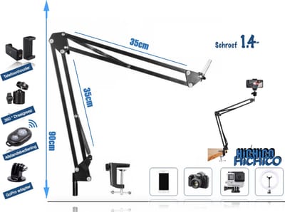 Microfoon Stand Heavy Duty Verstelbare Suspension Boom Arm Schaar Lente Ingebouwde Microfoon Stand Mount Standhouder schroef 1.4" Voor Voice record – Telefoon Stand – Tafelstatief  – GoPro Stand Met GoPro Mount en Bluetooth Afstandsbediening HiCHiCO