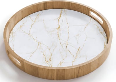 Dienblad rond 40x40 cm - Schootdienblad hout - Wit - Marmer - Goud - Luxueus - Borrelplank rechthoek - Plateau houten dienbladen