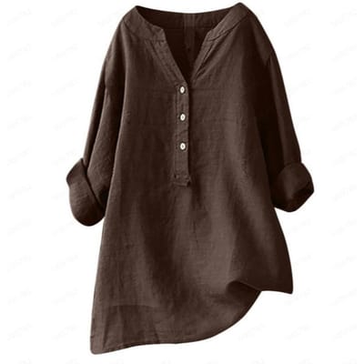 Zomer Losse Transparante Kleur Shirt Katoen en Linnen Top Zak Dameskleding 4XL donkerbruine kleur