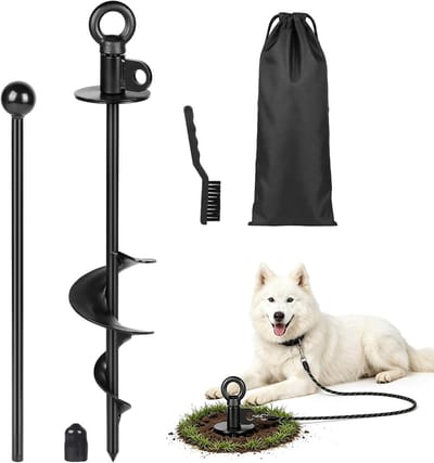 Robuuste 38 cm Zwarte Hondenspringconnector met 360° Draaibare Ring voor Grote Honden, Inclusief Reinigingsborstel en Grondanker voor Stabiliteit en Veiligheid
