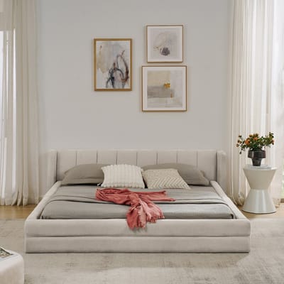 BLACKCOLORS Tweepersoonsbed 160×200 cm, chenille stof, comfortabele rugleuning, stevig frame van eucalyptushout en ijzer, eenvoudig te monteren, beige (zonder matras)