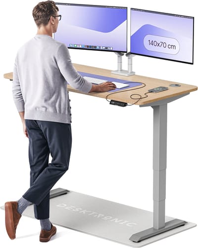 Desktronic HomePro Zit-sta Bureau Elektrisch In Hoogte Verstelbaar, 140x70 cm Bamboo/Grijs, Stille Dubbele Motor, Hoogte 62-126cm
