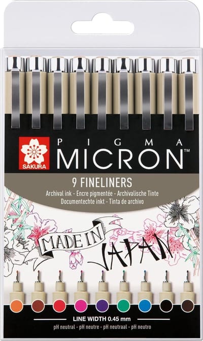 Fineliner sakura pigma micron 05 0.45mm 9 kleuren | 6 stuks