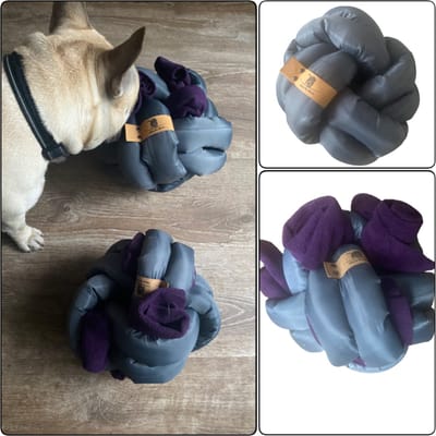 Snuffelbal voor honden in de kleuren antraciet en aubergine. Maat 2. Hersenwerk voor honden. MadeByShuko. Snuffelbal - knoopbal - speelbal - snuffelmat - brainwork for dogs - hondenpuzzel - slowfeeder - snuffle ball -honden intelligentie speelgoed