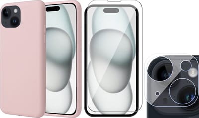 Hoesje geschikt voor iPhone 15 Plus - Screenprotector GlassGuard & Camera Lens Screen Protector - Back Cover Case SoftTouch Roze