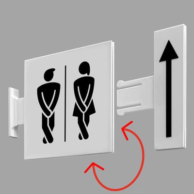 Toilet WC-bordje dames & heren – dubbelzijdig uithangbord – flag sign – met klikbare pijl – wand of plafond – 15 × 15 cm – 3D-geprint