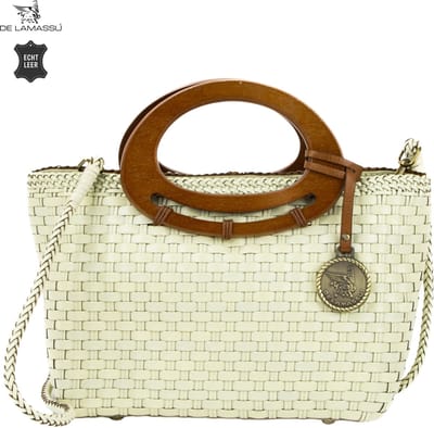 DE LAMASSU® Gevlochten Leren Handtas Dames – Echt Leer – Schoudertas met Houten Handgrepen – Crossbody Tas – Ritssluiting – 35 x 23 x 11 cm