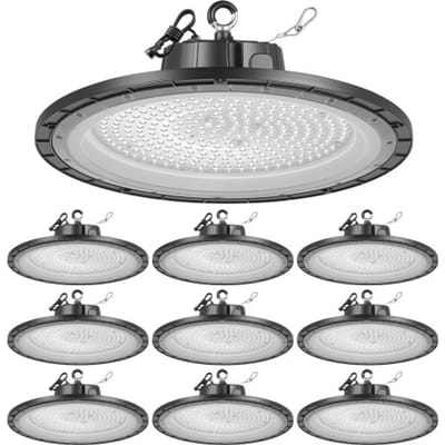 VEVOR 10-pack LED-hoogbouwlampen, 5000 K, 200 W, 30000 lm, UFO LED-halverlichting, IP65 waterdicht, 100–277 V breed spanningsbereik voor magazijnen, werkplaatsen, fabrieken, sportscholen, garages en schuren.