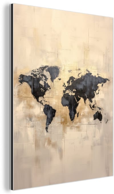 Aluminium schilderij 90x120 cm - Wanddecoratie metaal - Wereldkaart - Goud - Zwart - Abstract - Metalen muurdecoratie woonkamer - Decoratie industrieel - Foto op dibond - Industriële accessoires slaapkamer