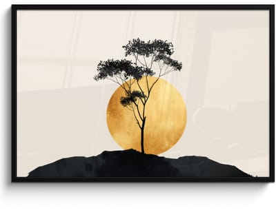 Poster in lijst - Fotolijst 120x80 cm - Posters - Zwarte boom - Gouden cirkel - Heuvel - Posterlijst zwart - Decoratie - Wanddecoratie woonkamer - Muurdecoratie slaapkamer
