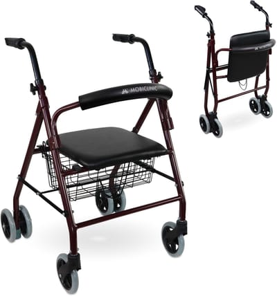 Mobiclinic Prado - Rollator - Looprek met 4 wielen - Stoel en Rugleuning - Opvouwbare en Verstelbare in Hoogte - Lichtgewicht - Aluminium - Zitting en mandje - Drukremmen - Bordeaux