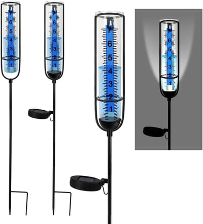 Regenmeter met 1 zonnelampje - Regenmeter voor buiten - Totale lengte ca. 72 cm - Afneembare grondpen - Grote, duidelijke cijfers - Geschikt voor tuinen, gazons en terrassen - Blauw, zwart