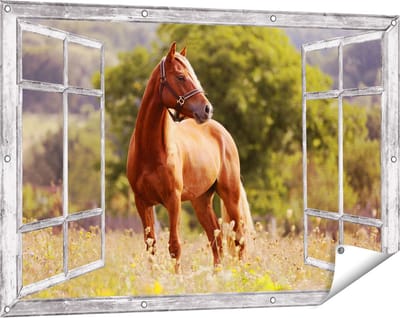 Gards Tuinposter Doorkijk Bruin Paard in de Wei - 120x80 cm - Tuindoek - Tuindecoratie - Wanddecoratie buiten - Tuinschilderij