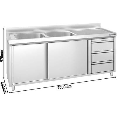 GGM Gastro Spülschrank PREMIUM - 2000x600mm - mit 3 Schubladen & 2 Becken links