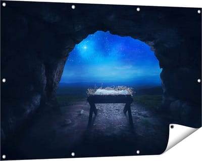 Gards Tuinposter Kribbe in een Grot onder de Ster van Bethlehem - 120x80 cm - Tuindoek - Tuindecoratie - Wanddecoratie buiten - Tuinschilderij