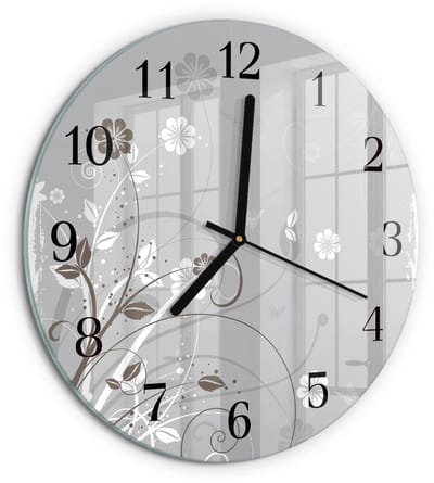 Tulup Wandklok - Bloemen Wandklok Glas Decoratie - 30fi cm - Grijs Gekleurde Glazen Klok - Zwarte Handen - Ronde Wandklok - Gekleurde Glazen Klok - Glazen Klok Met Print