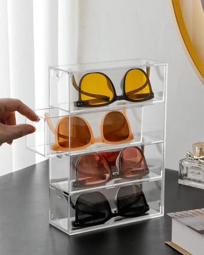 Zonnebril Organizer - Brillen Opberger - Overzichtelijk Opbergen - Stapelbaar Ontwerp - 4 Lades 17.5cm - Transparant
