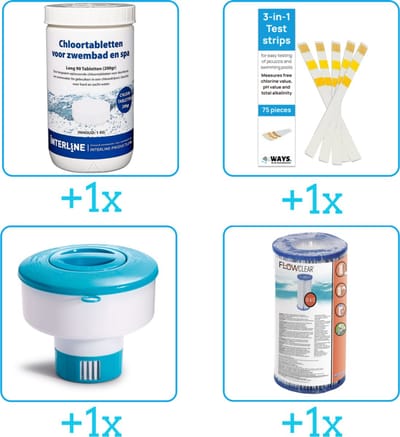 Zwembad Onderhoudspakket - Onderhoud Zwembad - bevat Chloor - Testrips - Chloordrijver en Filter (4-delig)