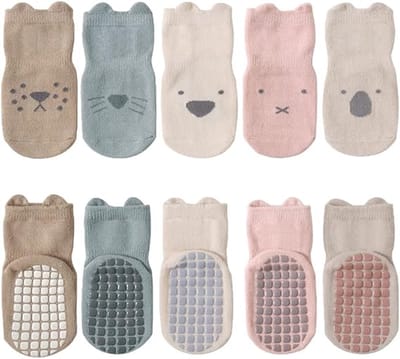 Antislipsokken voor baby's - 5 paar babysokken met siliconen zolen - Antislip katoenen sokken - Biedt een veilige grip - Voor jongens en meisjes van 1-5 jaar - Multicolor - M