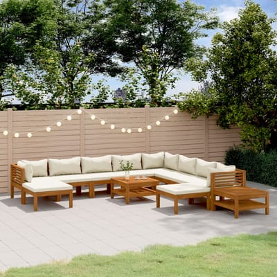 vidaXL - 12-delige - Loungeset - met - crèmekleurige - kussens - massief - acaciahout