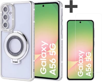 Hoesje met Ringhouder Geschikt voor Samsung Galaxy A56 met Diamant Glitters en Gehard Glas Screenprotector – Arara Backcover - Zilver