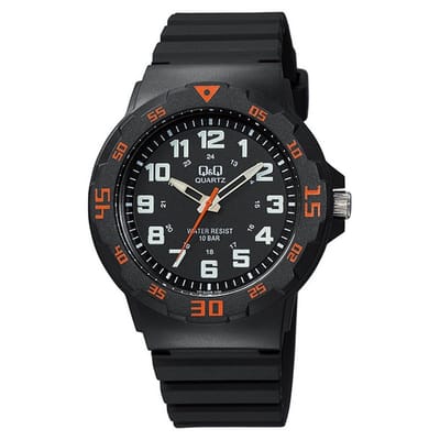 Q&Q VR18J008Y - Horloge - Sport - Analoog - Heren - Mannen - Plastic band - Rond - Cijfers - Kunststof - Zwart - Oranje - Crème