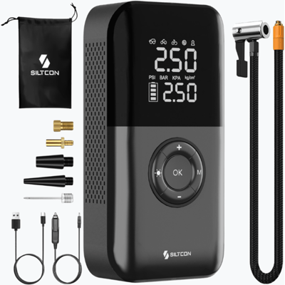 Siltcon® Elektrische Fietspomp - Luchtcompressor - Tot 10.8 Bar - 8500 mAh Powerbank - Compressor - Bandenpomp Auto - Elektrische Bandenpomp - Luchtpomp – Universeel – Oplaadbaar & 12V – 35l/min – SOS Lamp - Noodpakket - Incl. 10 Opzetstukjes en Hoes