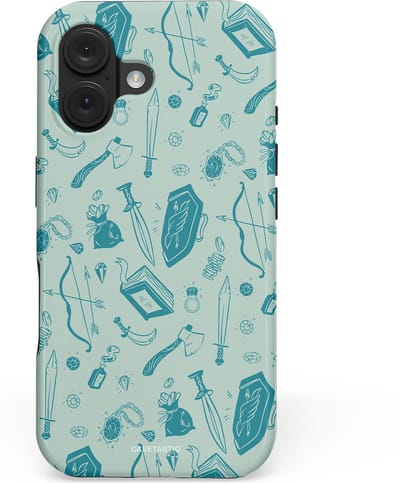 Casetastic hoesje geschikt voor Apple iPhone 16 - MagSafe - Dubbellaagse bescherming - Avontuurlijke buit vol wapens - Fashion Case - Zilver Saliegroen Petrol