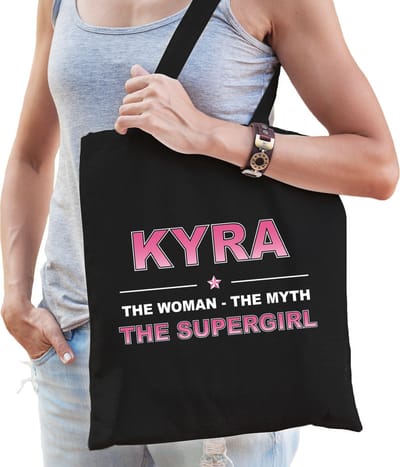 Naam cadeau Tasje voor Kyra - The woman, The myth the supergirl - katoenen - zwart - verjaardag - moederdag - collega - vriendin