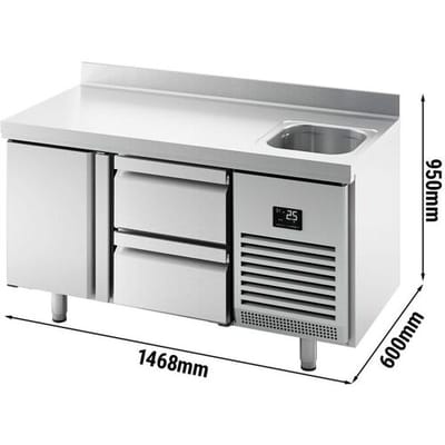 GGM Gastro Kühltisch Premium PLUS - 1468x600mm - mit 1 Becken, 1 Tür, 2 Schubladen - Aufkantung