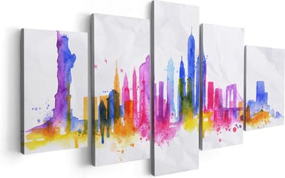 Artaza Canvas Schilderij Vijfluik Kleurrijk New York Van Aquarel - Abstract - 100x50 cm - Wanddecoratie Woonkamer - Schilderijen - Muurdecoratie