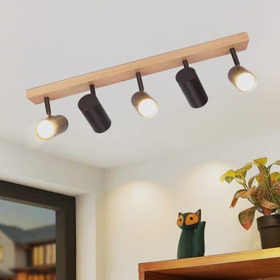 NETTLIFE Opbouwspot GU10 - Hout - 5-Lichts - zwart - Retro - Metalen Plafondspot - Draaibaar 350° Plafondlamp - voor Woonkamer | Slaapkamer | Keuken - Max.25W-excl. lichtbron